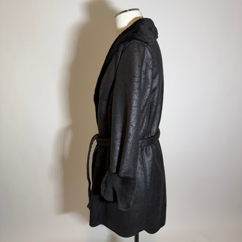 Calvin Klein Faux Suede/Shearling Fur Lined Trench Coat Belted Womens XS Black - Picture 5 of 12